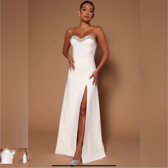 NovaLuxe Dresses & Skirts - NovaLuxe  Mira Embellished Maxi Gown White Front Slit Strapless Size Large